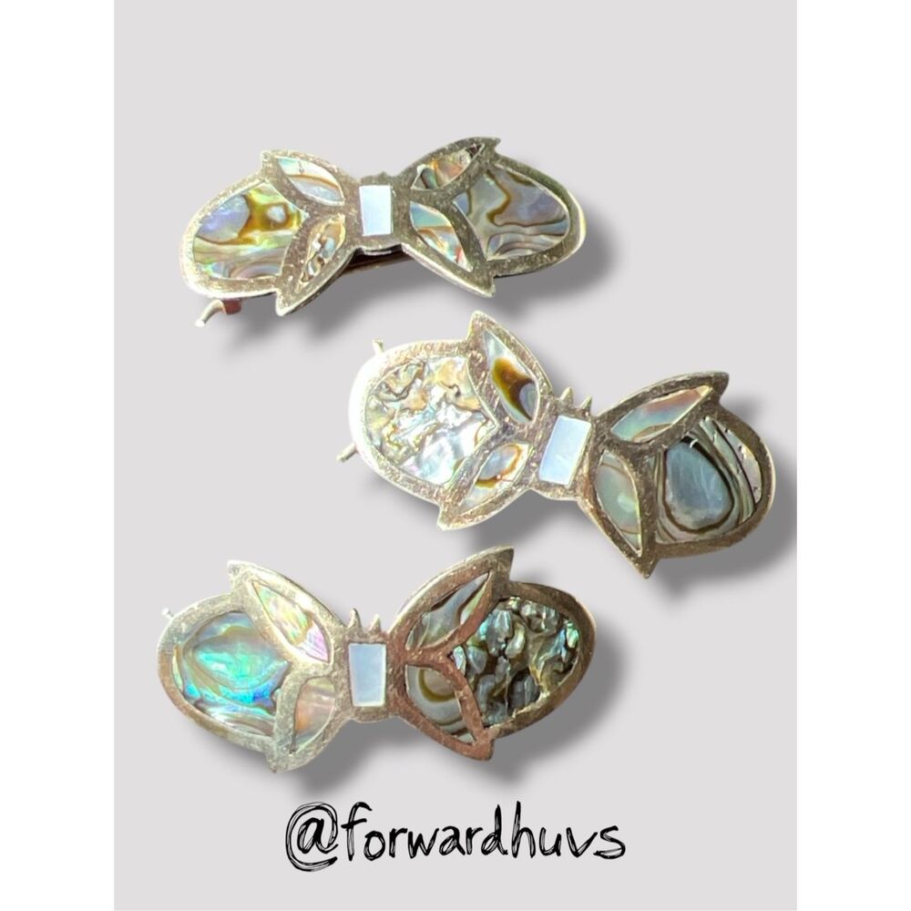 ☑️ Vintage Taxco Mexico Alpaca Silver Abalone Butterfly Barrettes Set of 3 - Picture 3 of 7